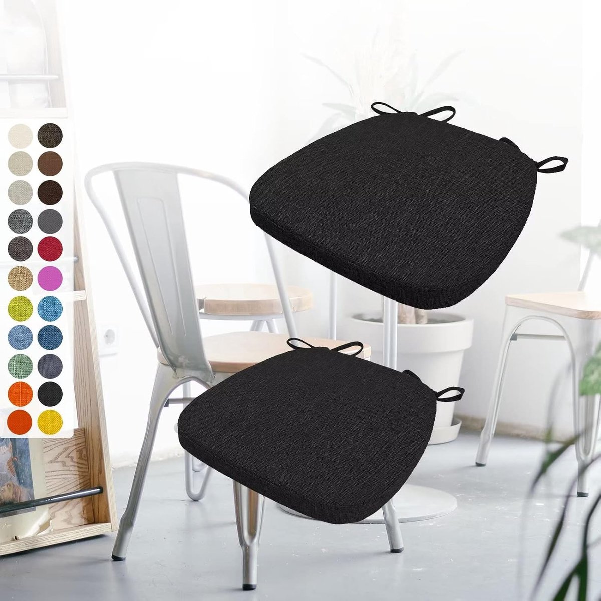 2-delig set stoelkussen 40x38x3cm met banden, wasbare zitkussen antislip, stoelzitting stoelpolster zitkussen, afneembare ritssluiting, ideaal voor thuis kantoor keuken eetkamer, zwart