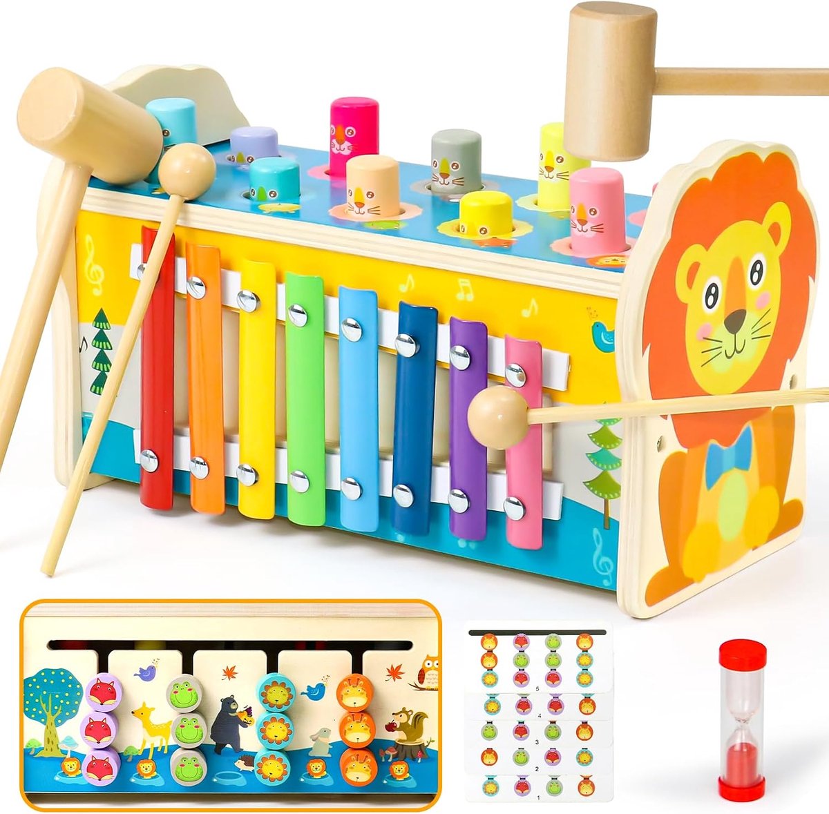 Jerryvon Xylofoon Montessori houten speelgoed, 1, 2, 3 jaar, meisjes en jongens, 4-in-1 hamerspel, kinderspeelgoed, motoriekspeelgoed, houten speelgoed vanaf 1 jaar, steekspel, educatief speelgoed,