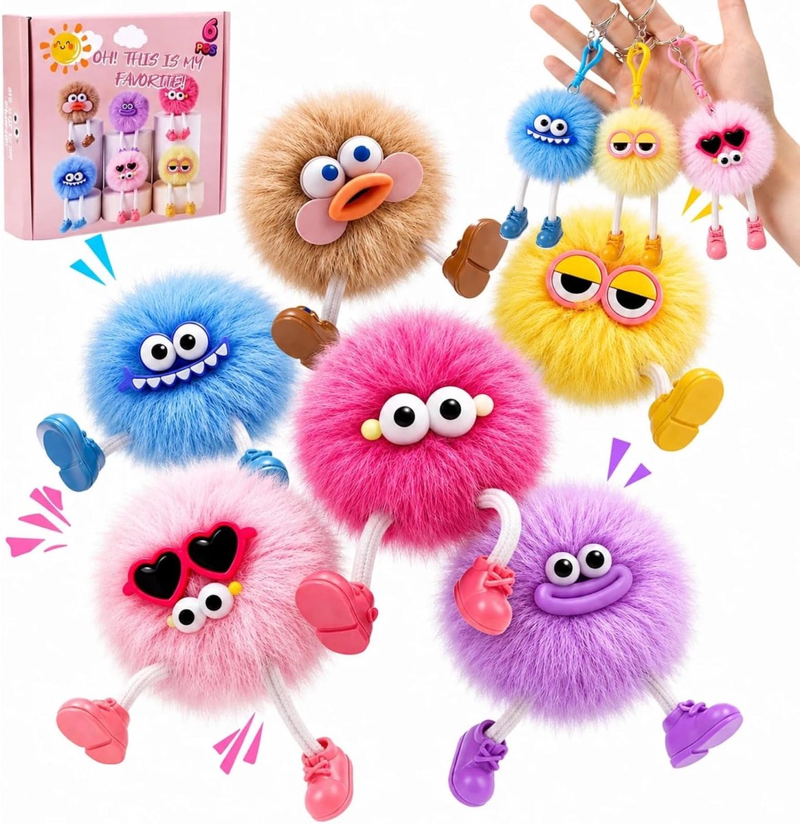 Set van 6 schattige pluche sleutelhangers voor kinderen, knuffeldierhangers voor jongens en meisjes, cadeautje voor kinderverjaardag, schoolprijzen, geschenkzakvulling, piñata-vulling, kleine cadeaus