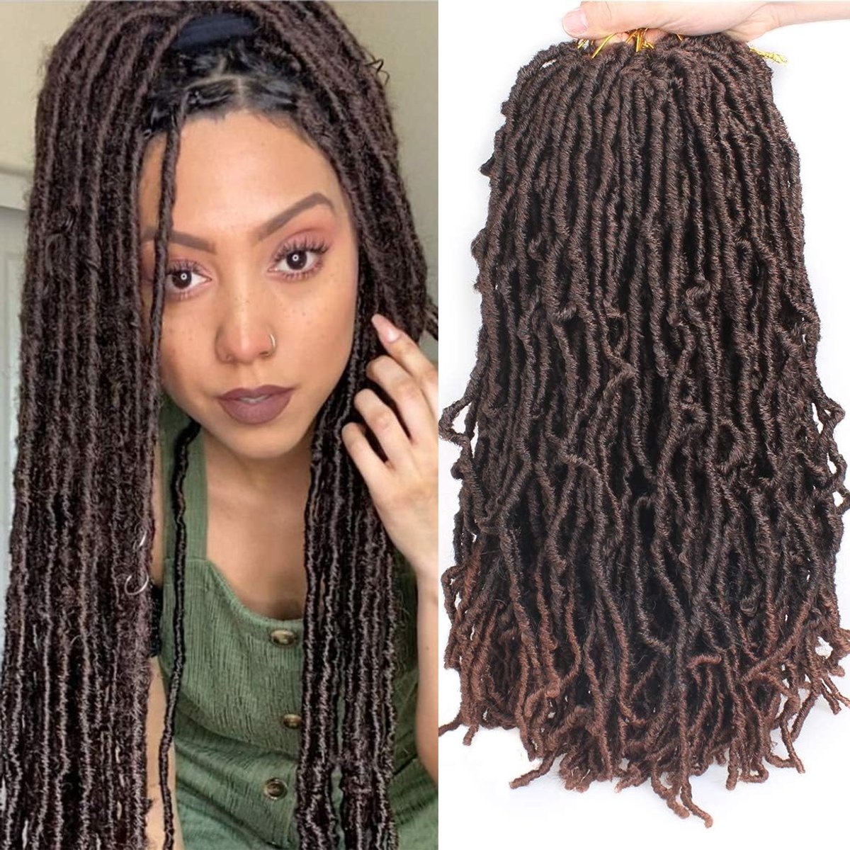 Extensions, 45,7 cm nieuwe stijl gehaakte vlechten, 126 strengen voorgeluste kunstlokken, zacht, ombré bruin godinnenlokken, dreadlocs, krullend, T30 #