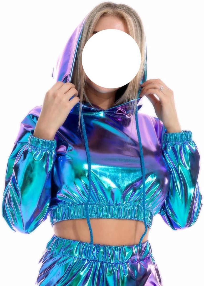 Rave Outfit Plus Size Metallic Tops Lange Mouwen Hooded Sportkleding Reflecterende Holografische Muziek Festival Outfits