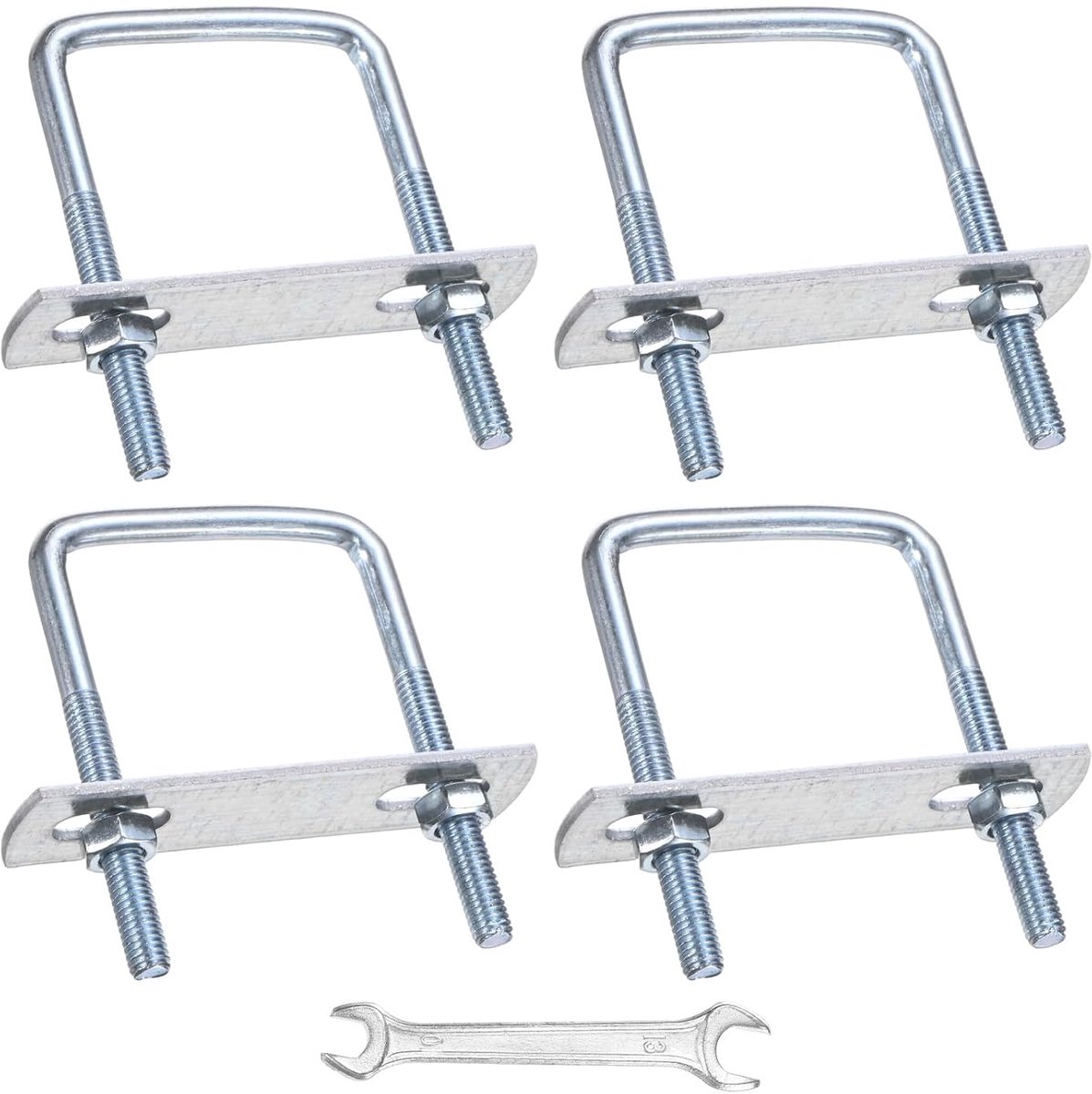 Vierkante U-boutset (M6 x 42 x 70 mm, zilver), 4 stuks, vierkante U-schroeven van koolstofstaal, met frameplaten, moeren en sluitringen en sleutels, te gebruiken op ski's/boards