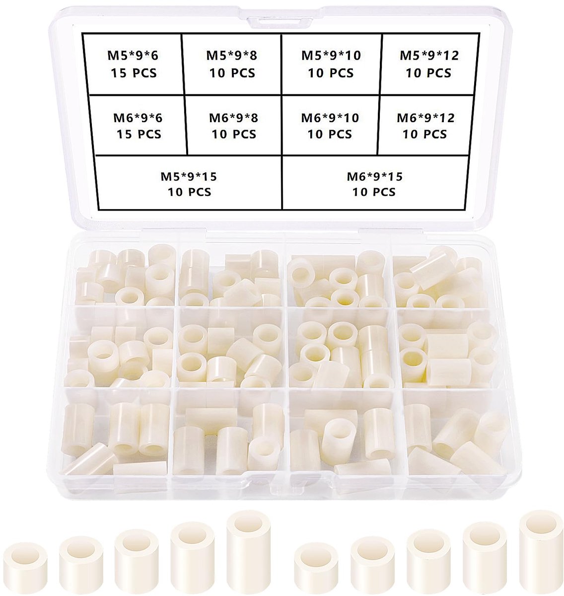 110 Stuks ABS Ronde Spacer Assortiment Kit, voor M5 / M6 Schroeven, Kolom Standoff Ondersteuning Spacer Zonder Schroefdraad, OD 9mm, Wit