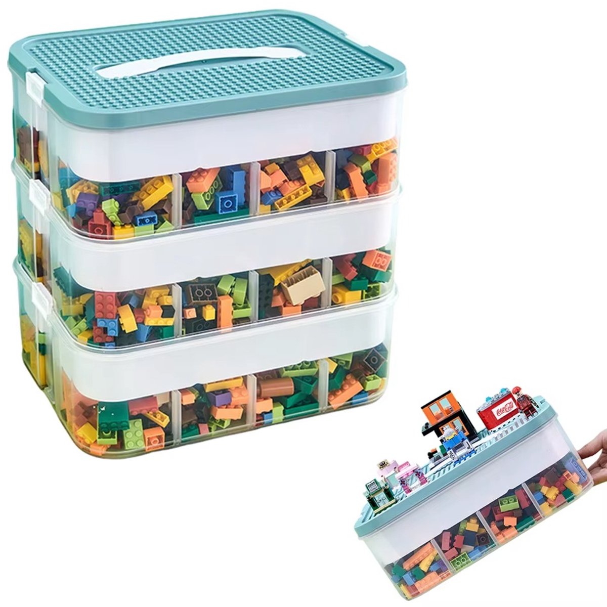 Cherrys Finds - Speelgoedopbergbox - Sterke Stapelbare Opbergbox - 3 lagen - Opbergdoos bouwstenen o.a. Lego - - Stapelbare Opbergdozen - Opberger - Sorteerdozen - Handgreep - Speelgoed Opbergbox - Stapelbaar - Speelgoeddoos - Speelgoedbox - Vakjes