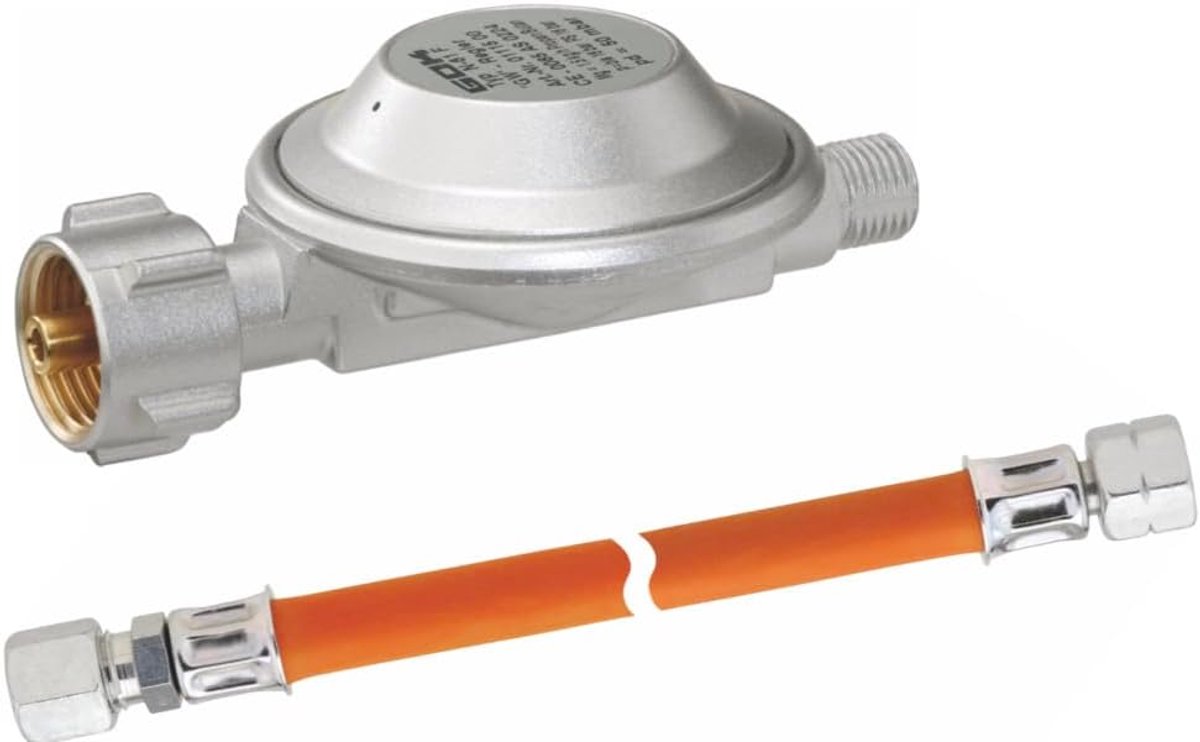 Slangregelaar set voor barbecues, kachels & spots op 3kg, 5kg, 11kg propaangasflessen. 100cm slanglengte, 50mbar druk voor optimale prestaties.
