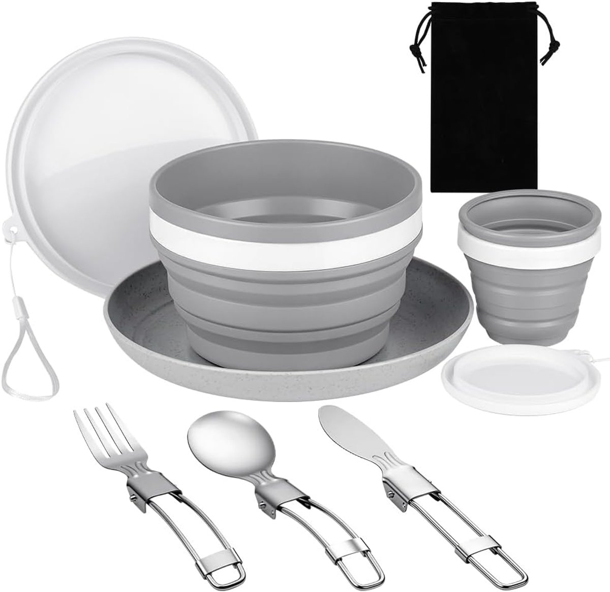 Opvouwbare campingborden en kommenset, 6-in-1 campingknoeiset, inclusief roestvrijstalen mes, lepel, vork, bord kombeker, voedselveilige siliconen, magnetron, voor reizen en buiten