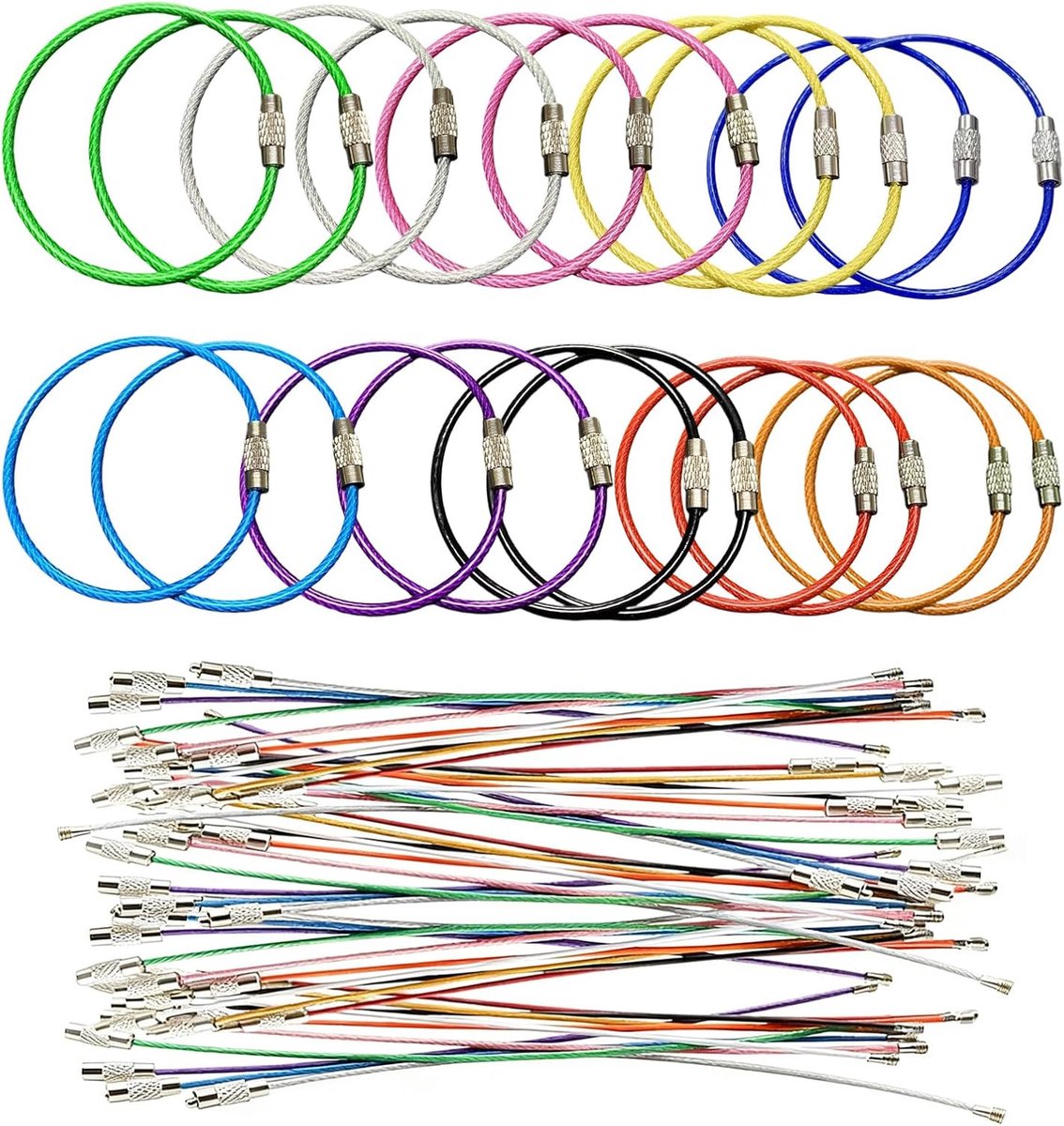 50 stuks 15 cm sleutelring draadkabel - multifunctionele Delstaaldraad sleutelbos bont - kabellus met draaisluiting voor hangende bagagelabels tags