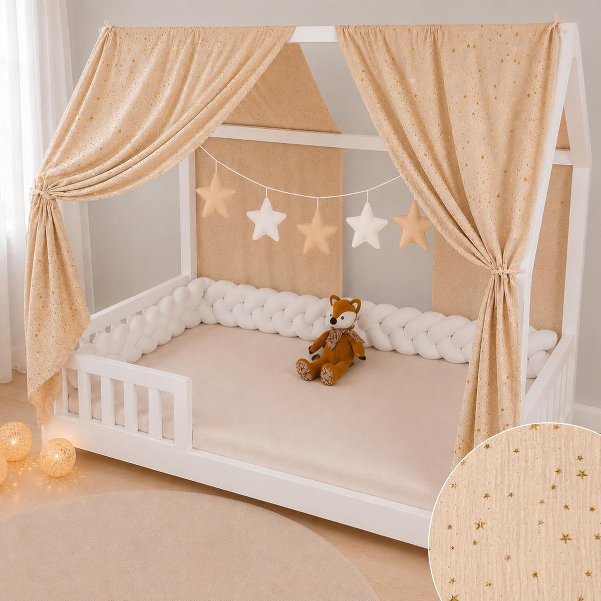 Bedlinnen hut (2-delig) – 2 hemelbedden hut 70 x 140 cm – 100% katoen chiffon – met slinger (beige slinger, 62 x 270 cm (2 stuks)