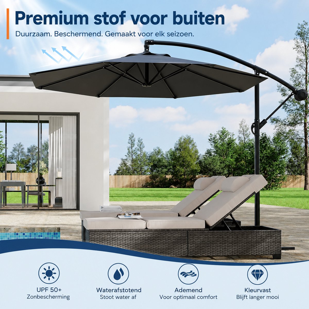 DeltaMerch Zweefparasol - Draaibare Parasol - Kantelbaar - UV werend doek - Incl. kruisvoet en beschermhoes - 300x 300cm - Grijs – foto 6