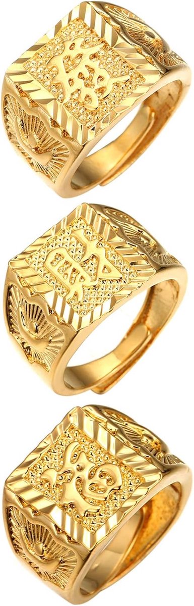Heren Ring, Heren Vintage 18K Vergulde Messing Rijk/Luck/Rijkdom Ringen Set, Verstelbare Kanji Ring voor Kerstmis Nieuwjaar