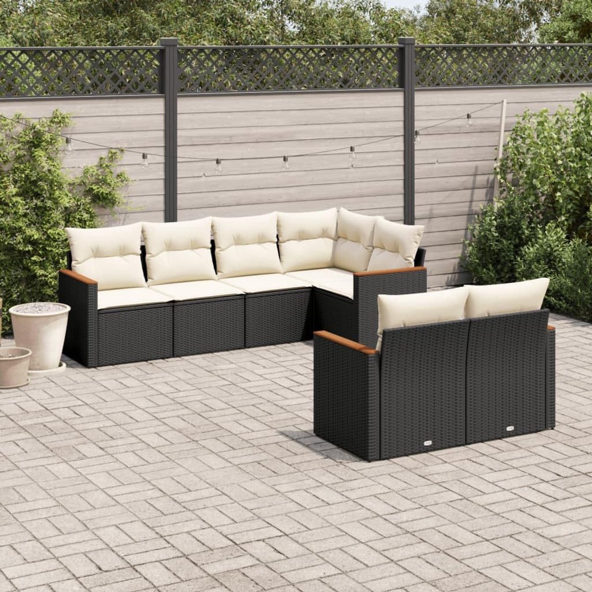 Tuinbankset 7-delig - zwart polyrotan - met kussens - comfortabel chatten met vrienden - SnelShoppen