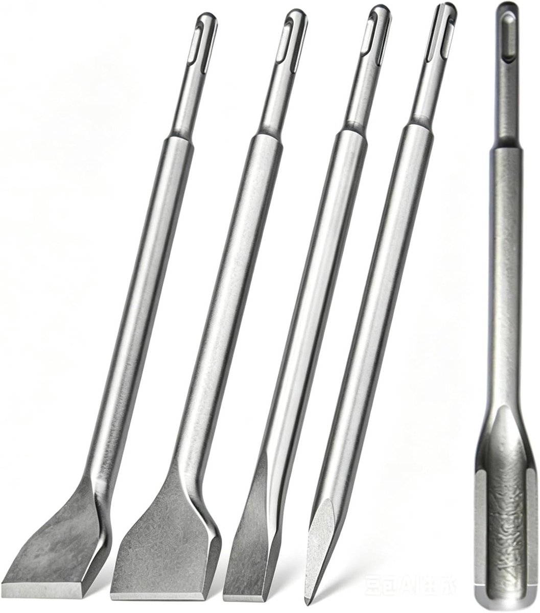 Boorhamerbeitelset, 5-delig, 250 mm, 2 x platte beitel, 1 x tegelbeitel, 1 x U-beitel, 1 x puntige beitel voor beton, metselwerk, baksteen en asfalt, robuust en hittegehard - 40Cr staal