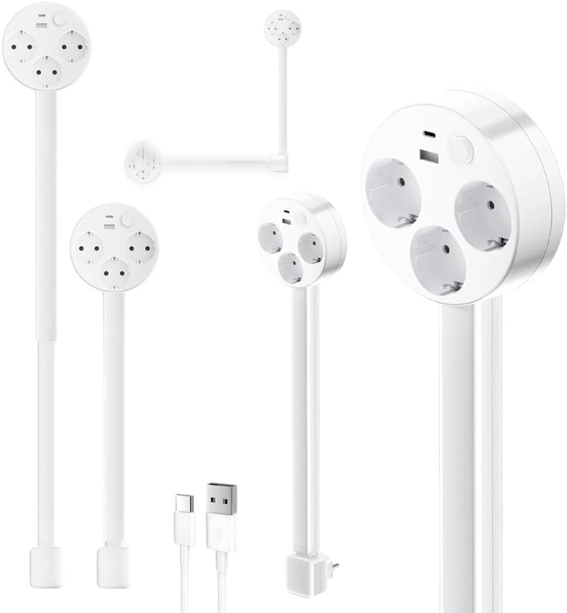 Uittrekbaar (47-67 cm), uittrekbare stekkerdoos met USB, type C-oplaadfunctie en 3 AC-stopcontacten, flexibele tafelaansluitstekker voor bureau, kantoor, slaapkamer