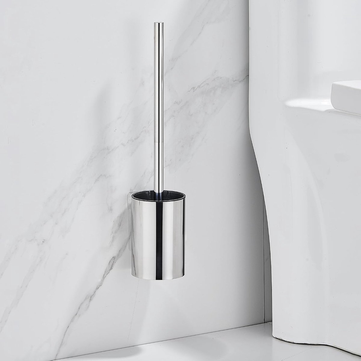 Toiletborstel Set met RVS Handvat en Houder, Zelfklevende Transparante Muurbeugel, Inclusief 2 Zachte Borstelkoppen (Zilver)