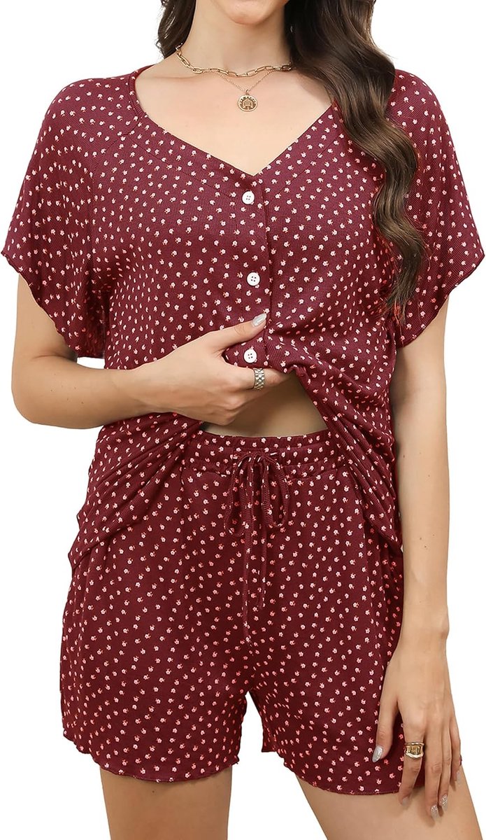 Pyjama voor Dames met Knoopsluiting, V-hals Katoenen Pyjamaset Shorty Loungewear Nachtkleding Zomer Pyjama met Korte Broek