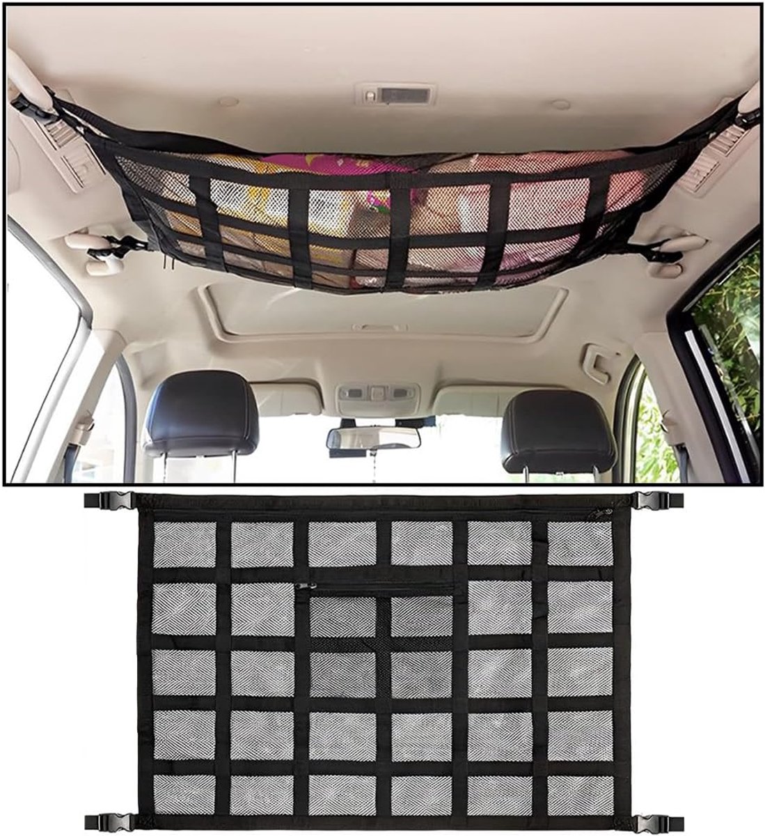 Bagagenet voor auto, 80 x 55 cm autodak opbergnet, autodak opbergnet voor dekens met ritssluiting, universeel nylon opbergnet voor SUV, Jeep, Van