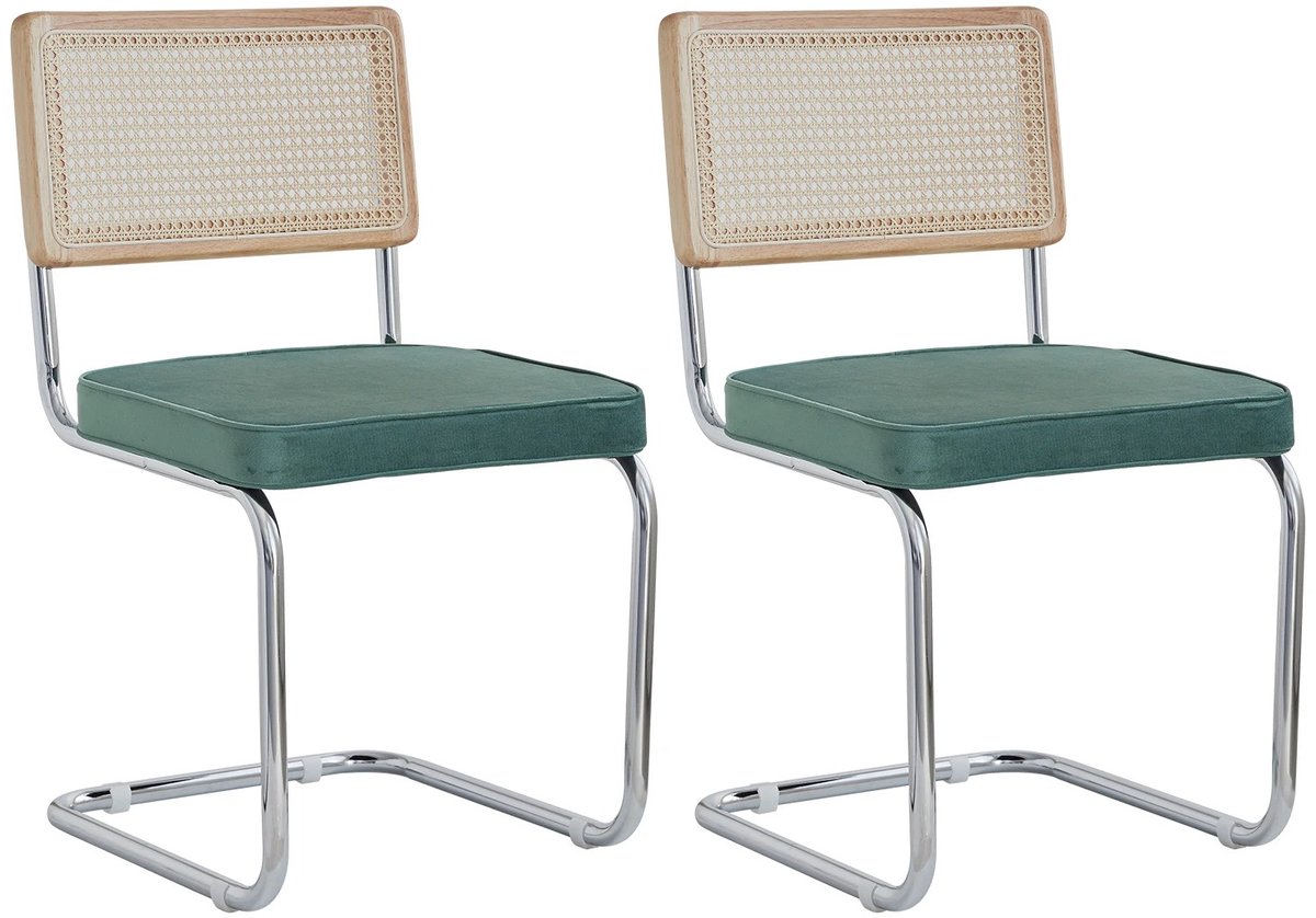 Nyoz retro eetkamerstoelen - Stoelen - Eetstoel - Stoel - Set van 2 - Vintage - Rotan rugleuning - Groene zitting - Tot 120 kg