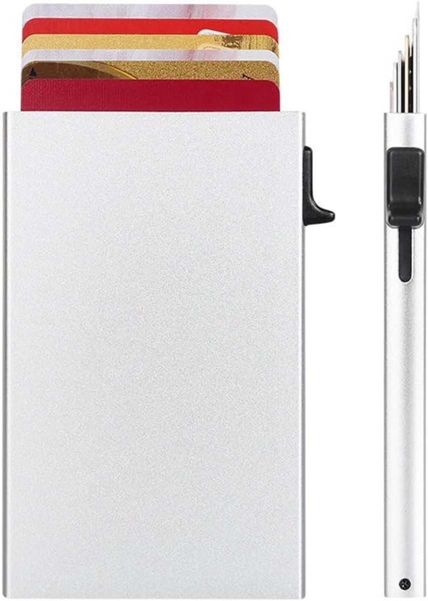 Creditcardhouder van zilverkleurig aluminium, minimalistisch, met pop-up mechanisme en RFID-bescherming, uitbreidbaar anti-vouwontwerp met geïntegreerd muntvak