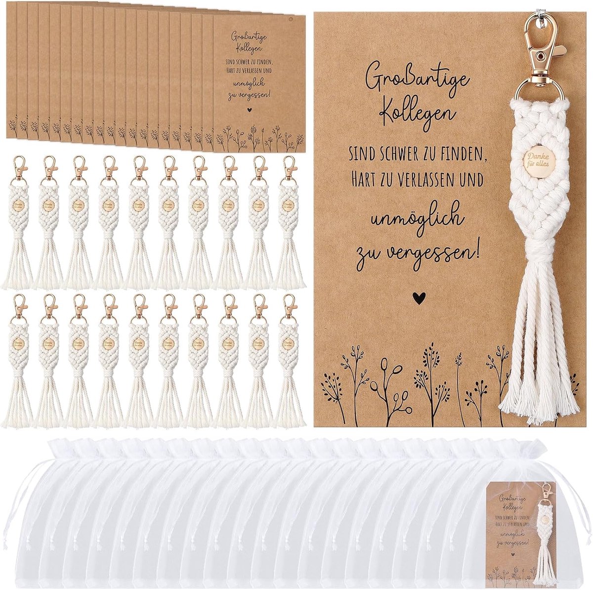 20 Set Bedankcadeaus Afscheidscadeau Macramé Sleutelhanger Großartige Kollegen Kaart Met Organzazakje Voor Collega Teamlid Vriendin Verjaardag Vrouwen