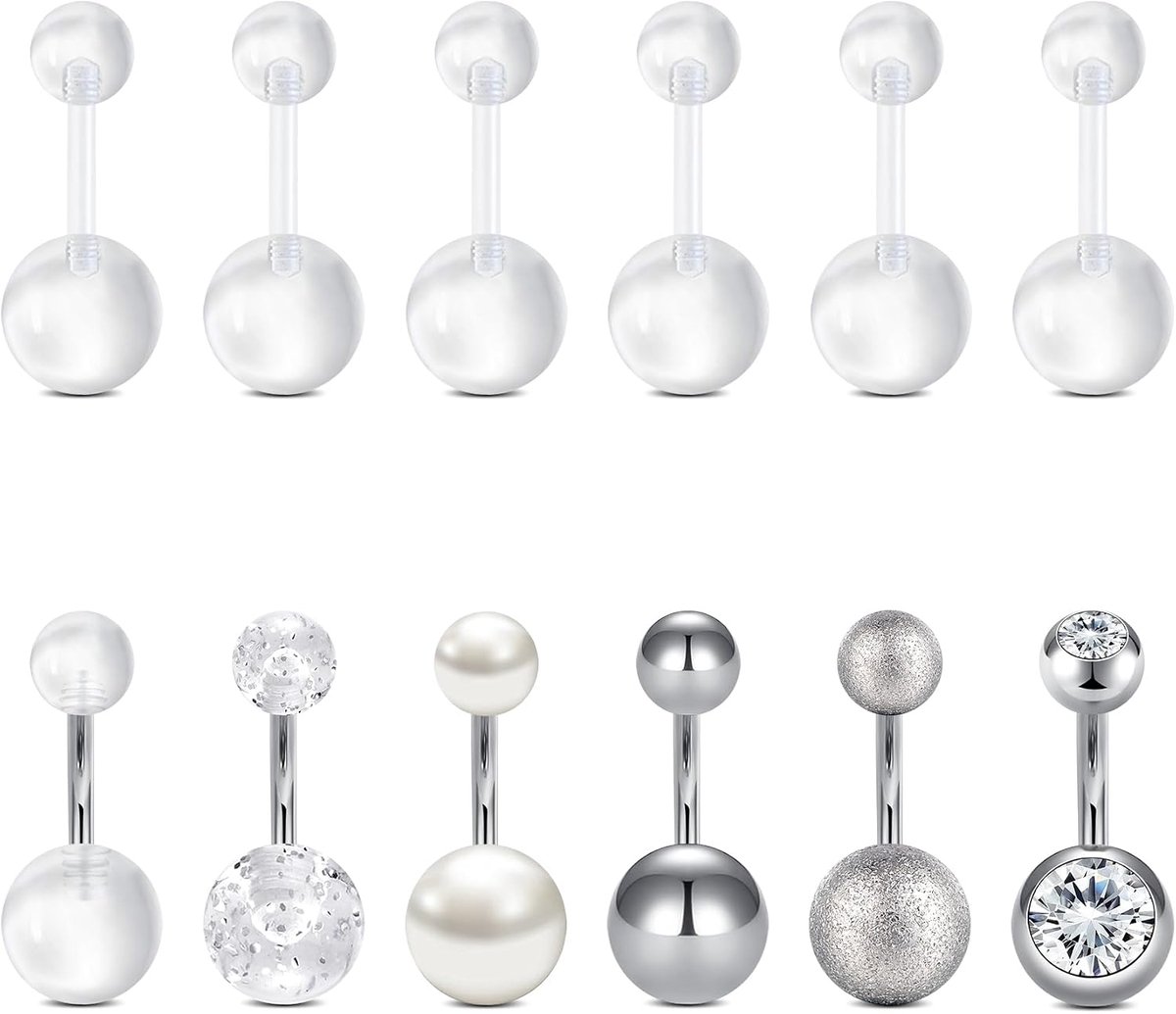 Navelpiercing, 6-32 mm, chirurgisch staal, zilver en kunststof, transparant, stang voor zwangerschap, hypoallergeen, sieraden