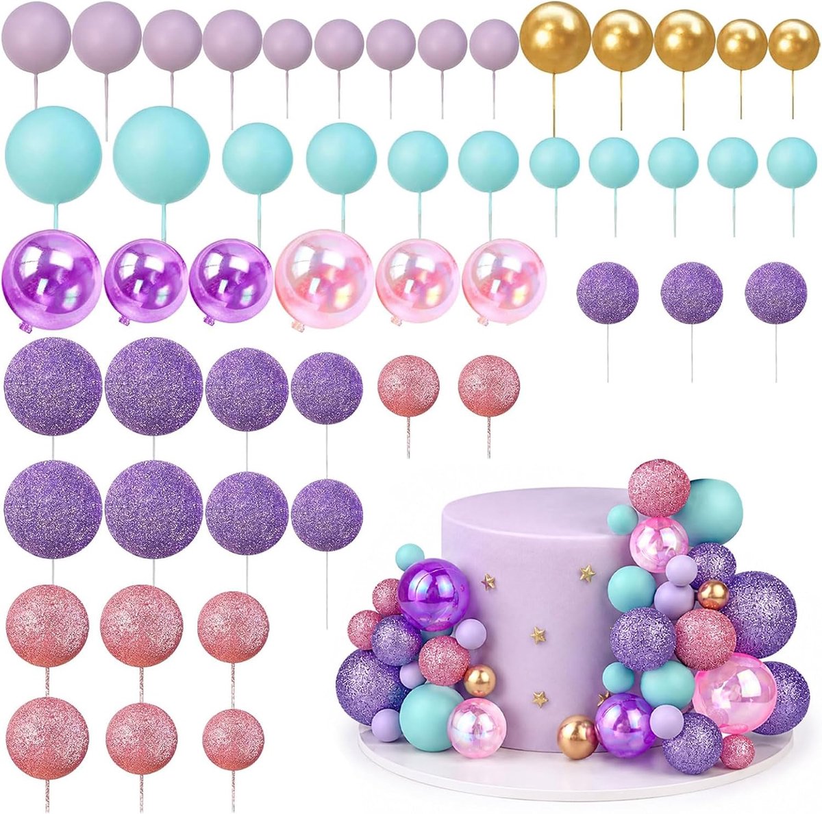 50 stuks Roze Blauw Lila Ballen Cake Topper Set, 5 maten Decoratieve Cake Toppers voor Bruiloft, Verjaardag & Jubileum