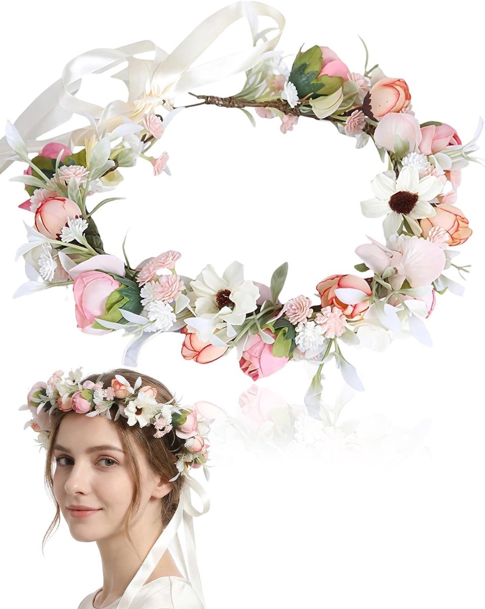 1 x kunstbloemenkrans voor bruid en dames, realistisch en duurzaam, voor bruiloft, feest en feesten