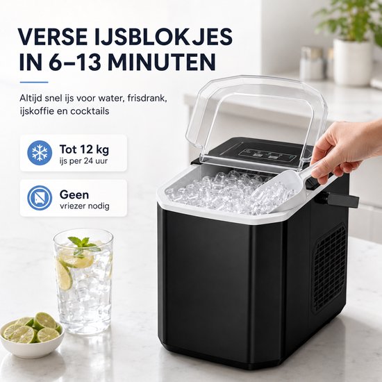 IJsblokjesmachine - IJsblokjesmaker 12 kg/24 uur - 2 Formaten IJsblokjes - Compact met Compressor - Zelfreinigend — afbeelding 2