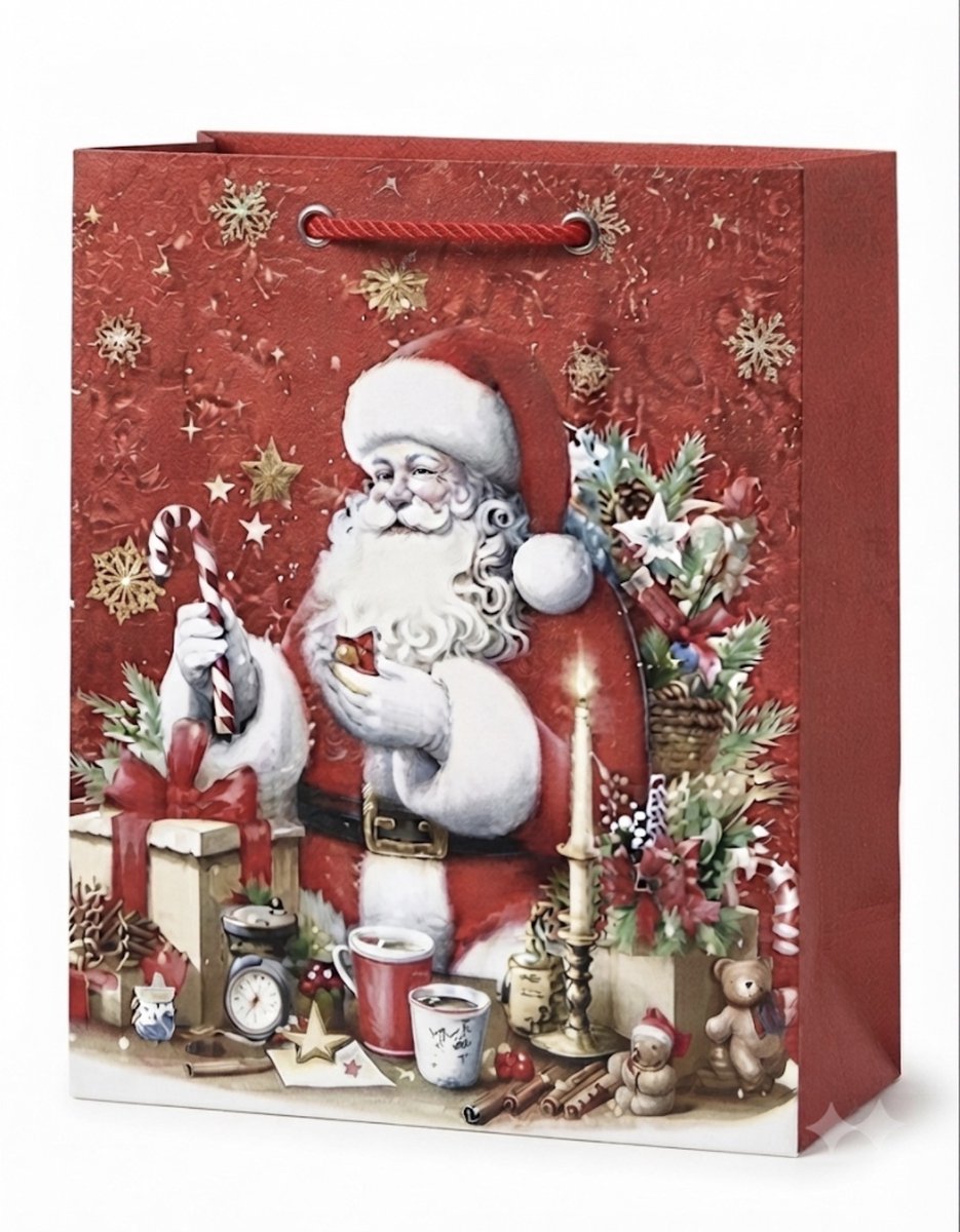 Luxe Kersttassen - Stevige Papieren Tassen -Cadeautasjes Kerst - Met Kerstman & Rendier - 32x24x13 cm - Set van 8 stuks
