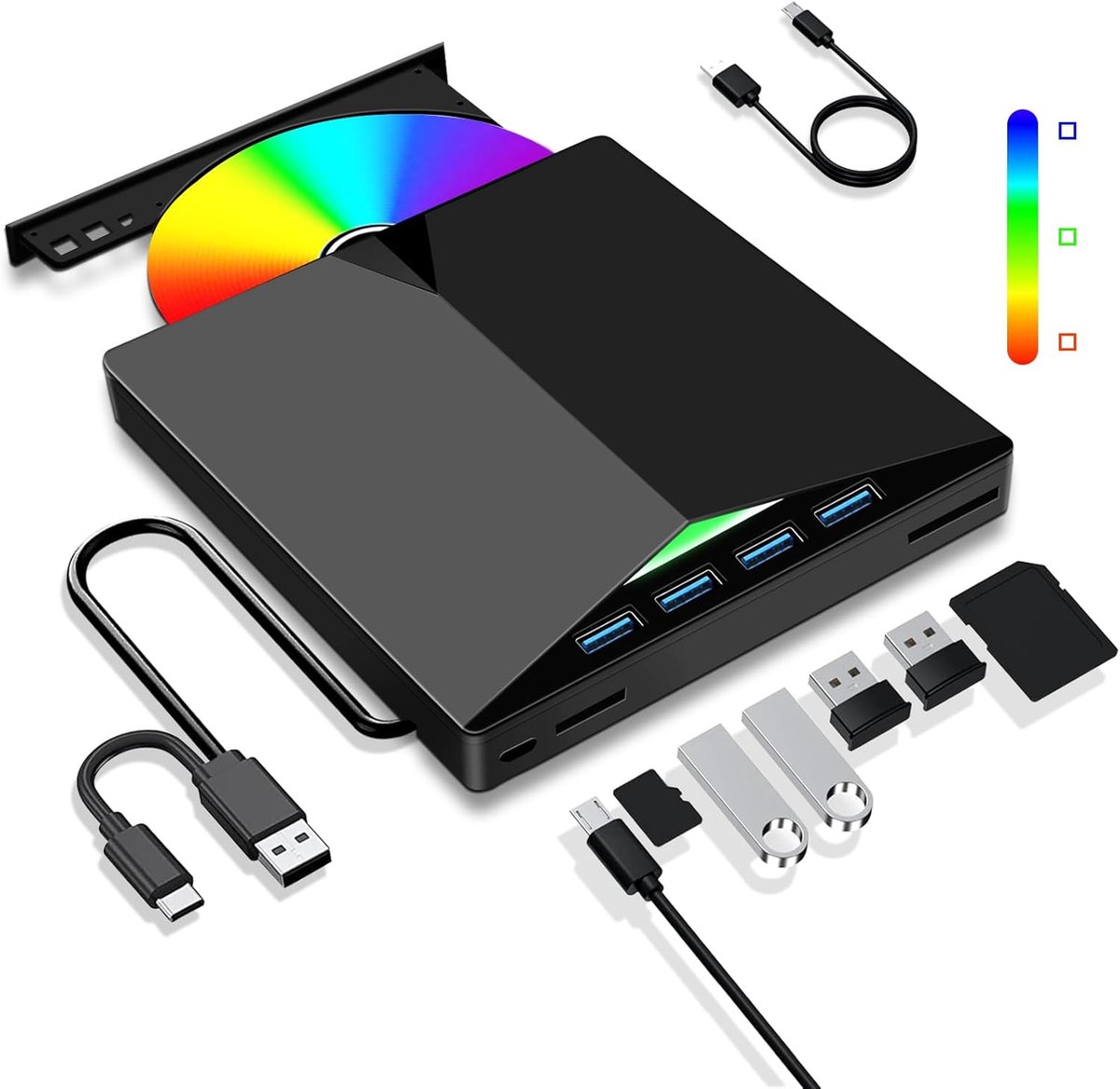 7-in-1 Externe DVD Brander – Externe CD/DVD Drive – USB 3.0 Type-C DVD Drive – CD/DVD RW Brander met SD/TF-Kaartlezer – Plug & Play DVD Drive en Externe DVD Speler voor Laptop, PC en MacBook – Zwart