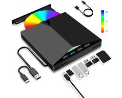 7-in-1 Externe DVD Brander – Externe CD/DVD Drive – USB 3.0 Type-C DVD Drive – CD/DVD RW Brander met SD/TF-Kaartlezer – Plug & Play DVD Drive en Externe DVD Speler voor Laptop, PC en MacBook – Zwart