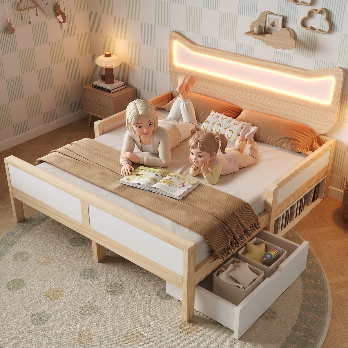 REDOM - Kinderbed - Kattenoren hoofdbord met RGB-ledverlichting - Lattenbodem - Bedlade en opbergruimte - Hout, MDF, Spaanplaat - Wit en Eiken - 206 x 145 x 94 cm