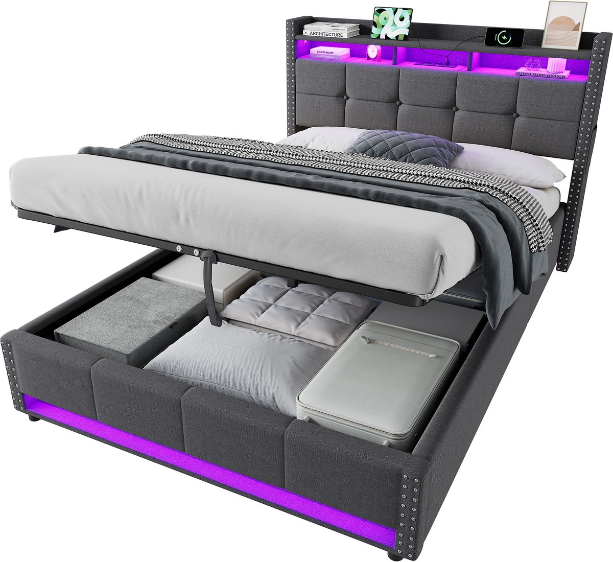 MODFU Gestoffeerd Bed 140x200 cm – 218x151x107 cm – Met LED, USB & opbergruimte – Grijs – Incl. lattenbodem – Slaapkamer