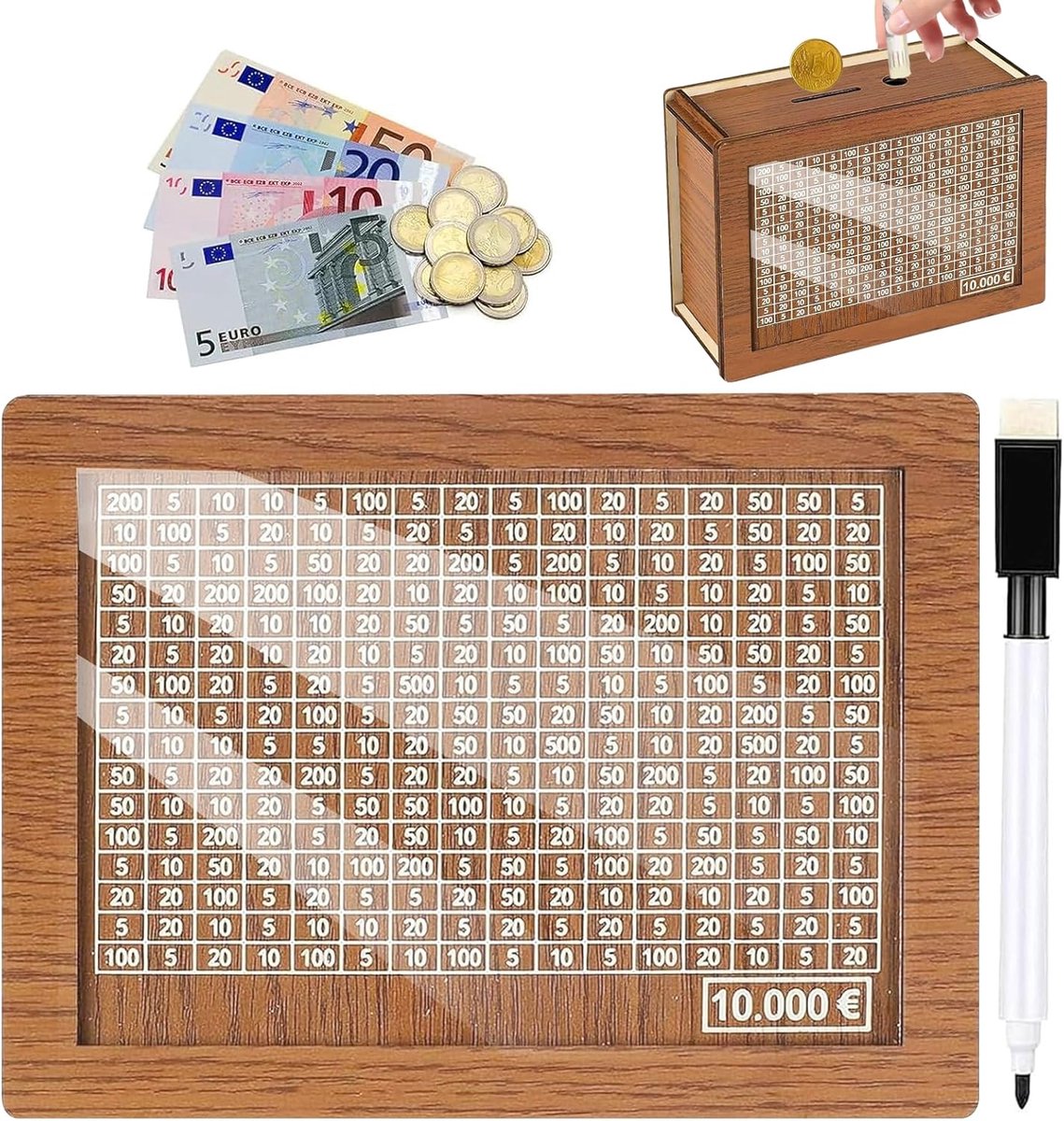 Spaarpot van hout - retro spaarvarken - acrylplaat en markers - helpt bij sparen voor € 10.000 - ShopVlot