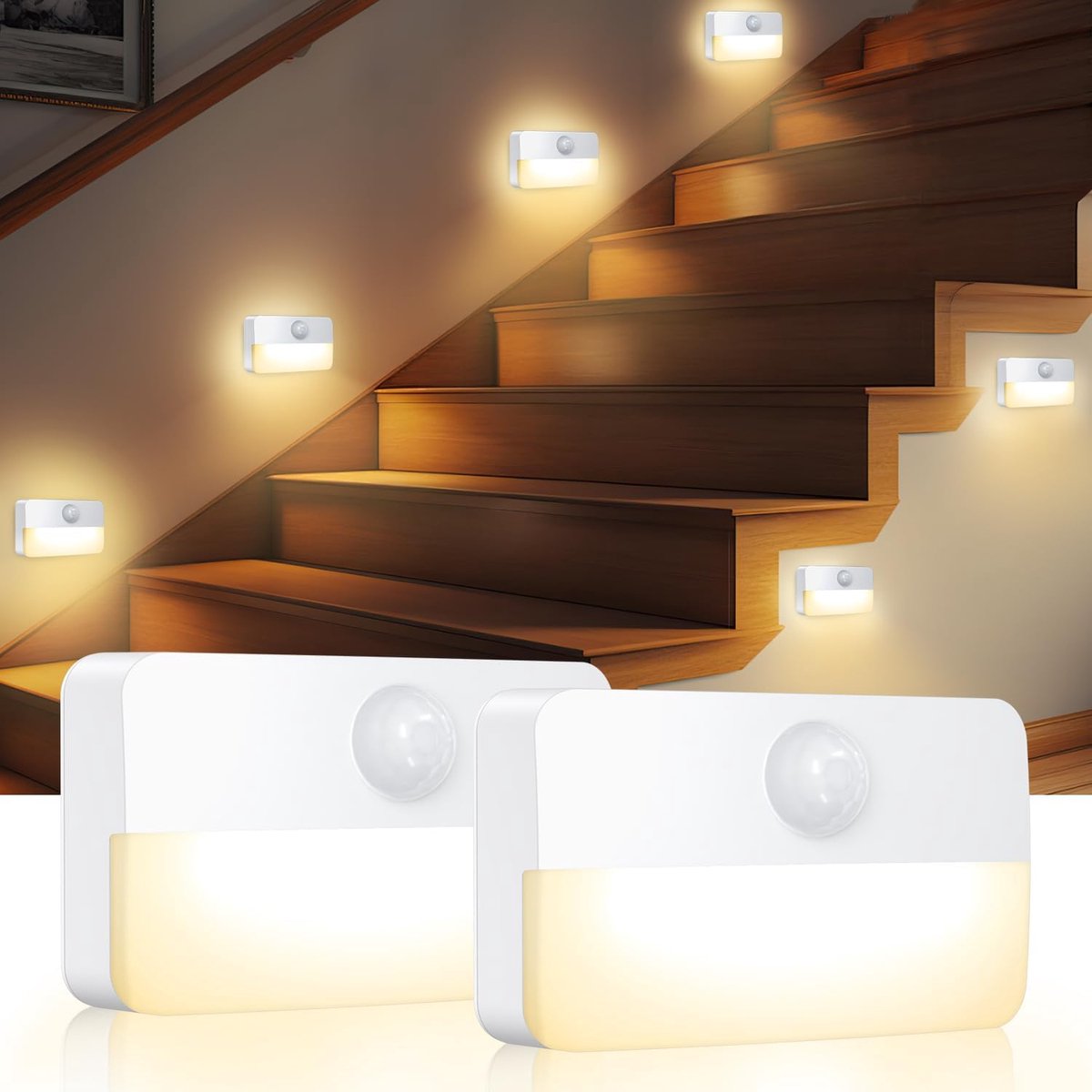 KZQ 2-pack LED bewegingssensor nachtlampje - Batterijgevoed en draadloos - Geschikt voor trap hal kast badkamer keuken en slaapkamer - Warm wit
