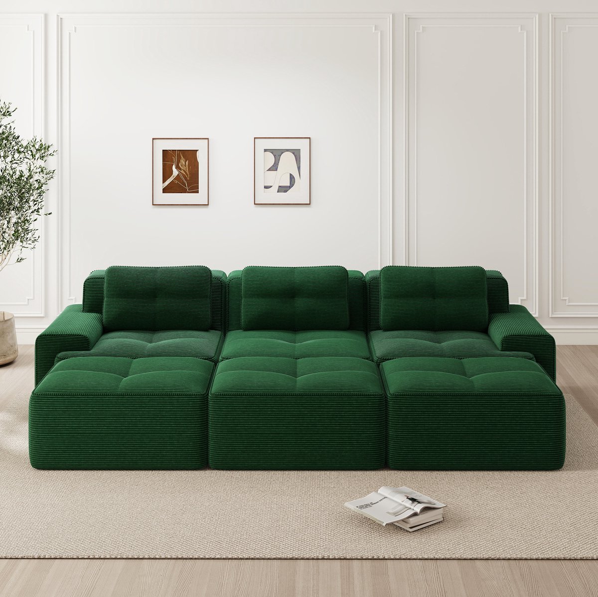 MIVRAY Hoekbank 293 x 177 x 69 cm - Modulaire Bank Met Slaapfunctie En 3 Hockers - Voor Woonkamer - Corduroy Groen