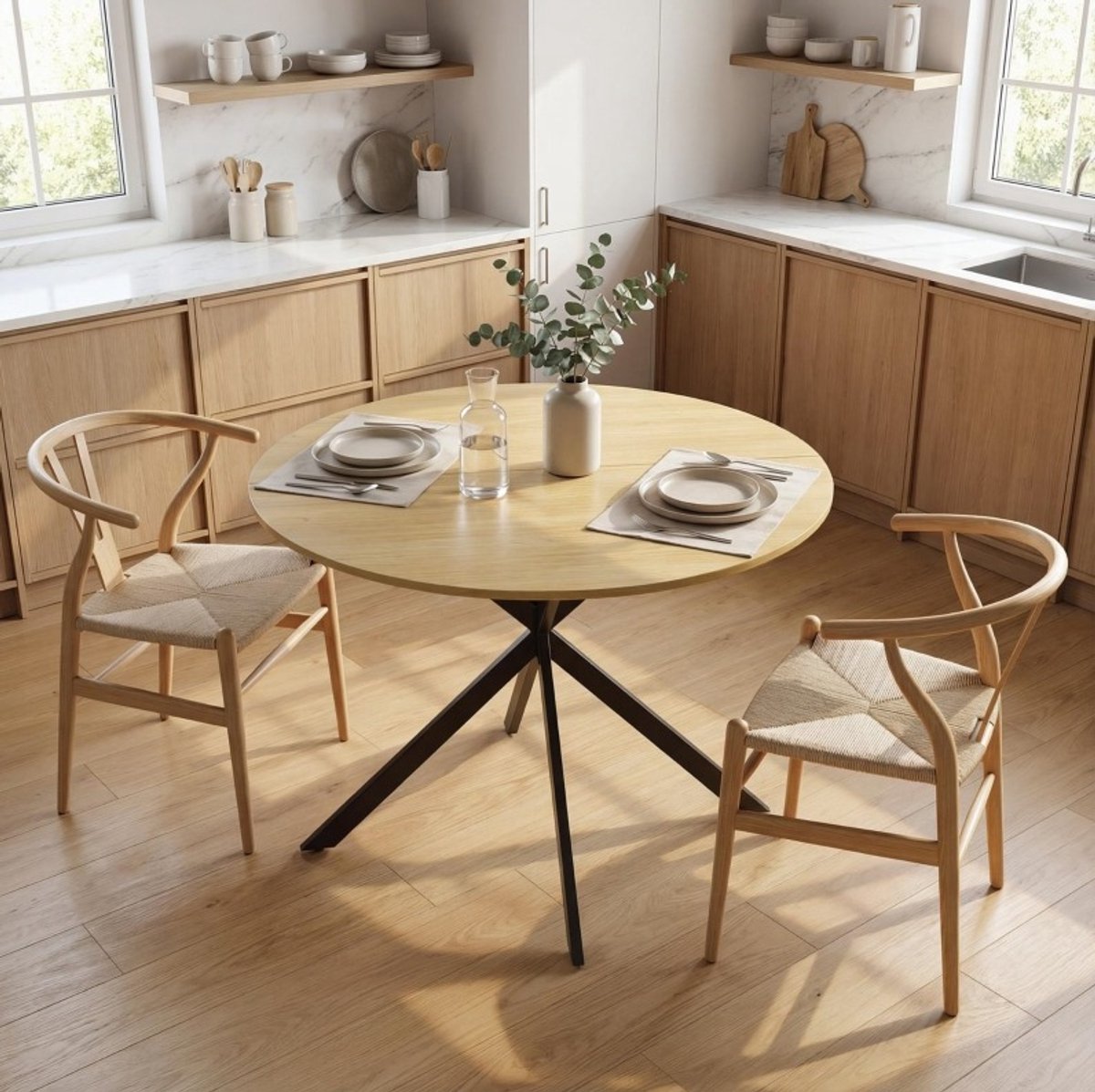 MODFU Eettafel - Rond Ø100 Cm Voor 4 Personen - Industrieel - Hout En Staal - Eiken