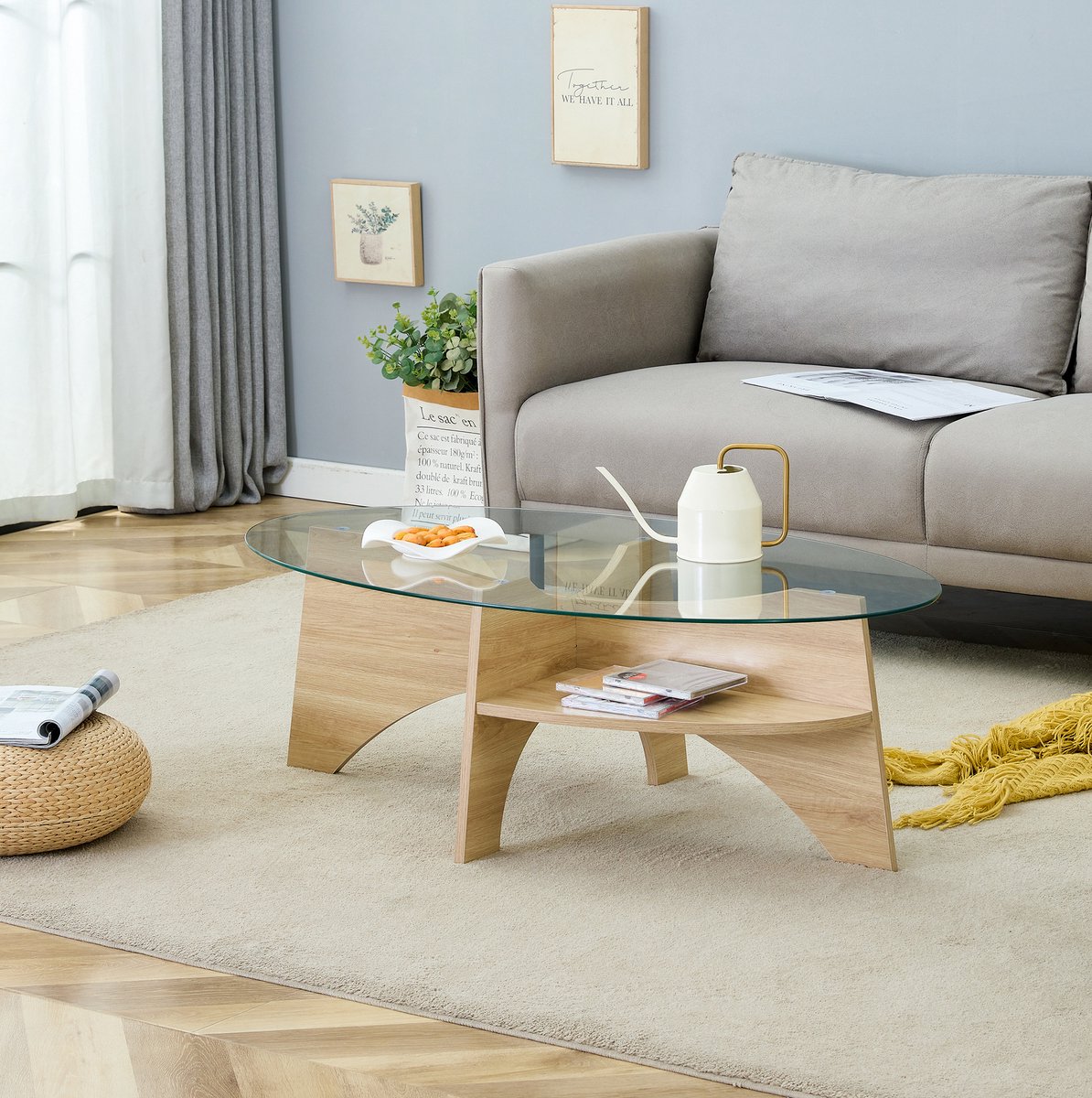 COVREO Salontafel 104,9 x 60 x 35,6 cm transparant, MDF met glas en opbergplank Transparent