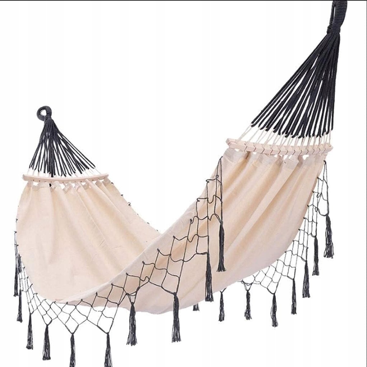 Grote Katoenen Boho Hangmat met Franje - 2 Persoons - Beige