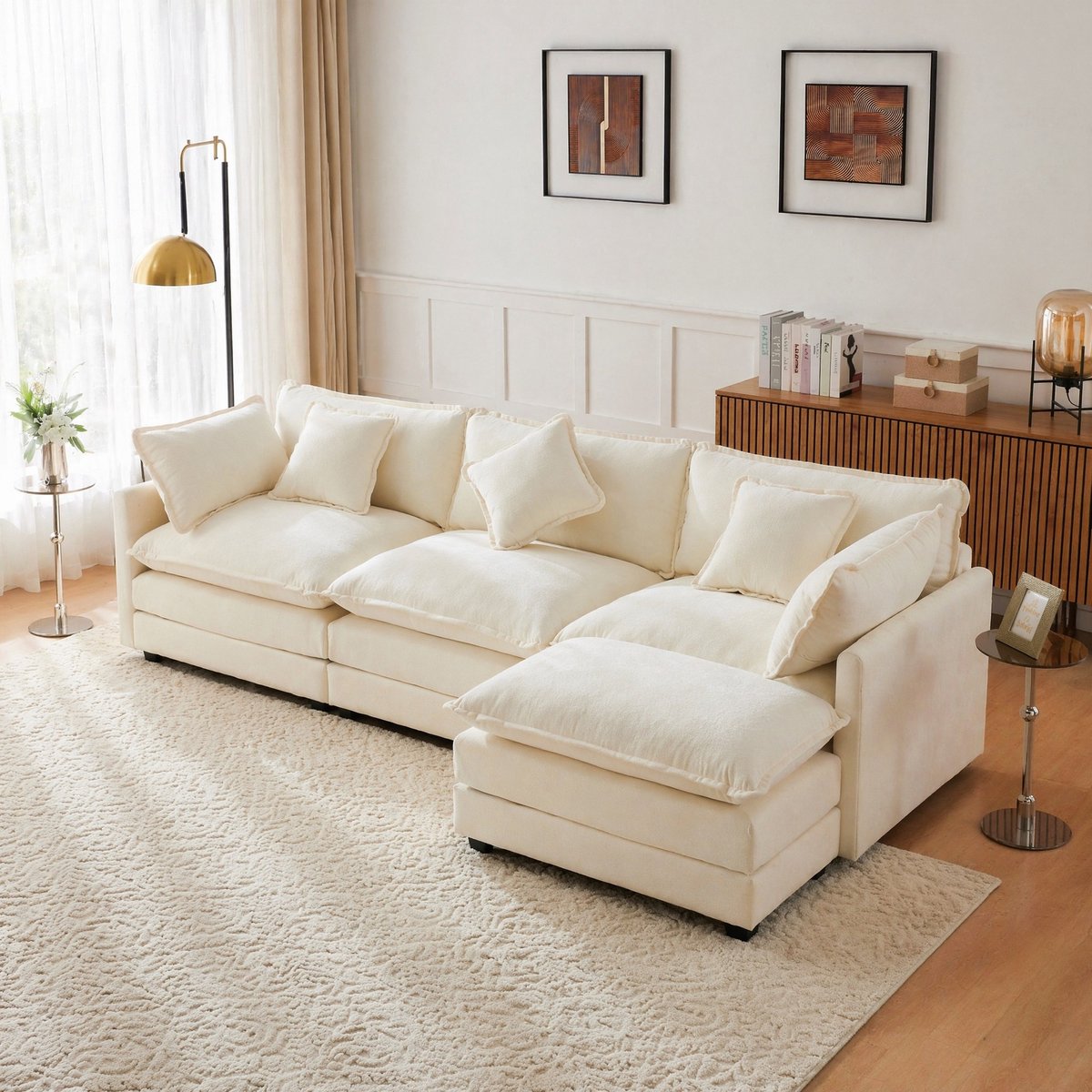 MEUNIQ L-vormige hoekbank 283 x 147 x 84 cm, 3-zits chenille bank met verplaatsbare voetbank, armkussens en lendenkussen, voor woonkamer of slaapkamer, beige