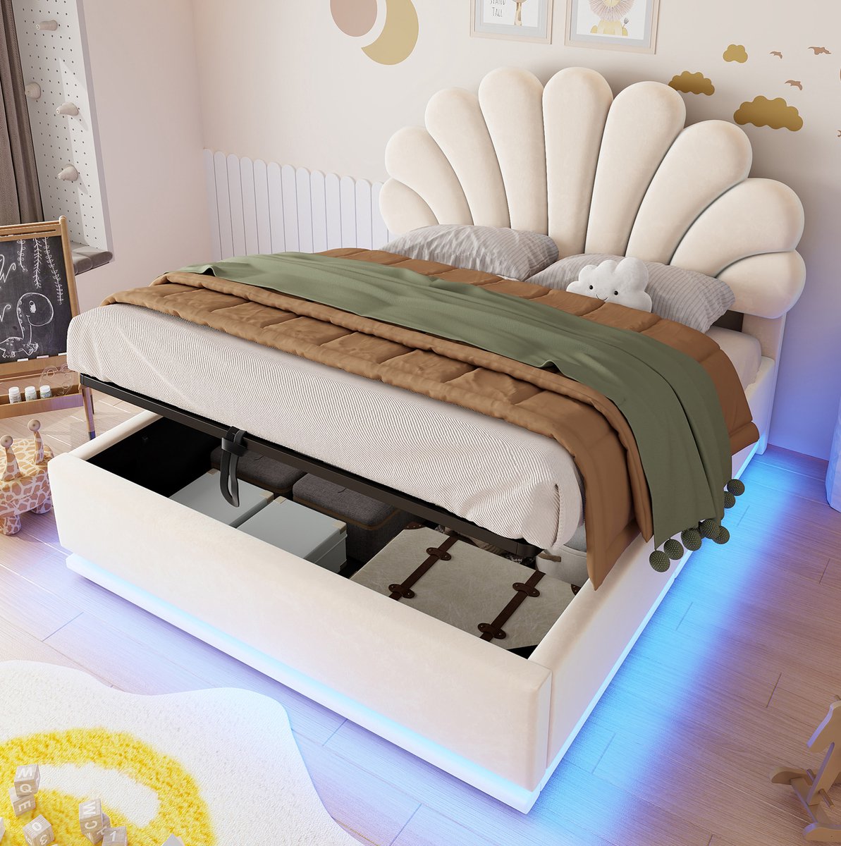 OKWISH Gestoffeerd Bed 140x200 cm - Met Bloemvormig Hoofdbord En Ledverlichting - Hydraulische Opbergruimte - Zonder Matras - Stof - Beige