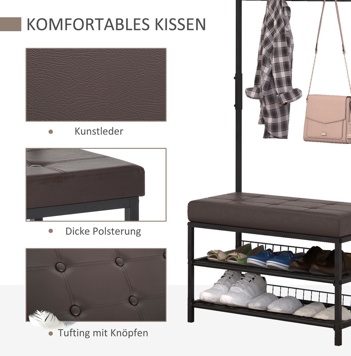 Kledingrek Met Bank – 72,5 x 35 x 180 Cm – Metaal – Zwart – Met 1 Kledingstang, 5 Haken En 2 Schoenrekken Voor Hal En Gang