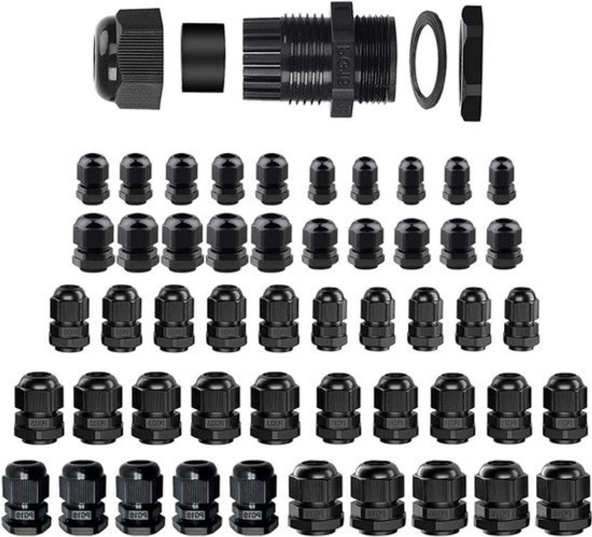 Zwarte waterdichte instelbare kabelschroefverbindingen M12 M16 M20 M25 PG7 PG9 PG11 PG135 PG16 PG19 - 50 stuks, kunststof