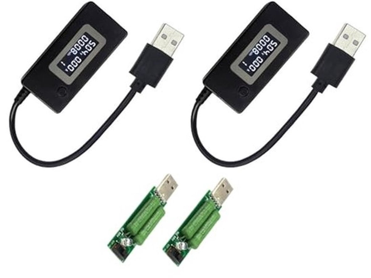 2 stuks USB-laadspanningstester, USB-spanningsstroomdetector, digitale testmeter voor mobiele oplader, USB-capaciteitstemperatuur, werktijd-ampèremeter, bankladerdetector (zwart)