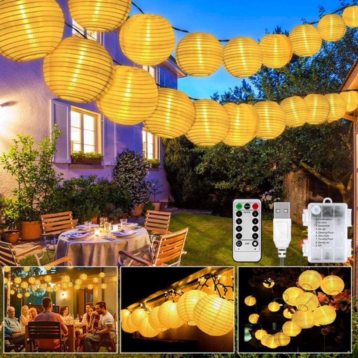 LED-lichtsnoer voor buiten, 40 lantaarns, 8 standen, USB/batterijgevoed en IP65 waterdicht met timer, voor tuin, erf, bruiloft, feestdecoratie