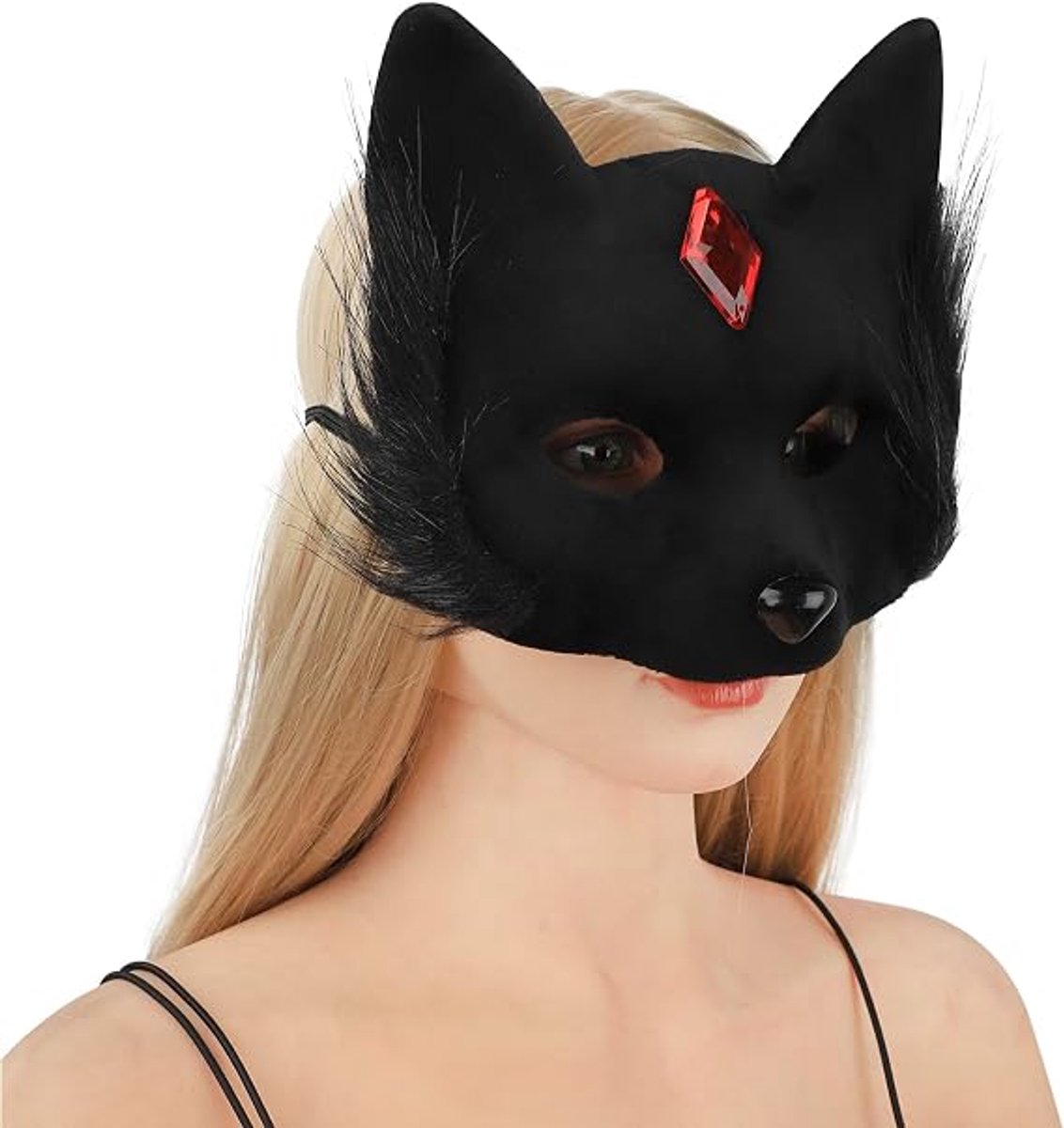 Halfgelaatsmasker - ingelegd met edelstenen - dierendesign - geschikt voor Halloween - feestjes en cosplay - Zwart kleur