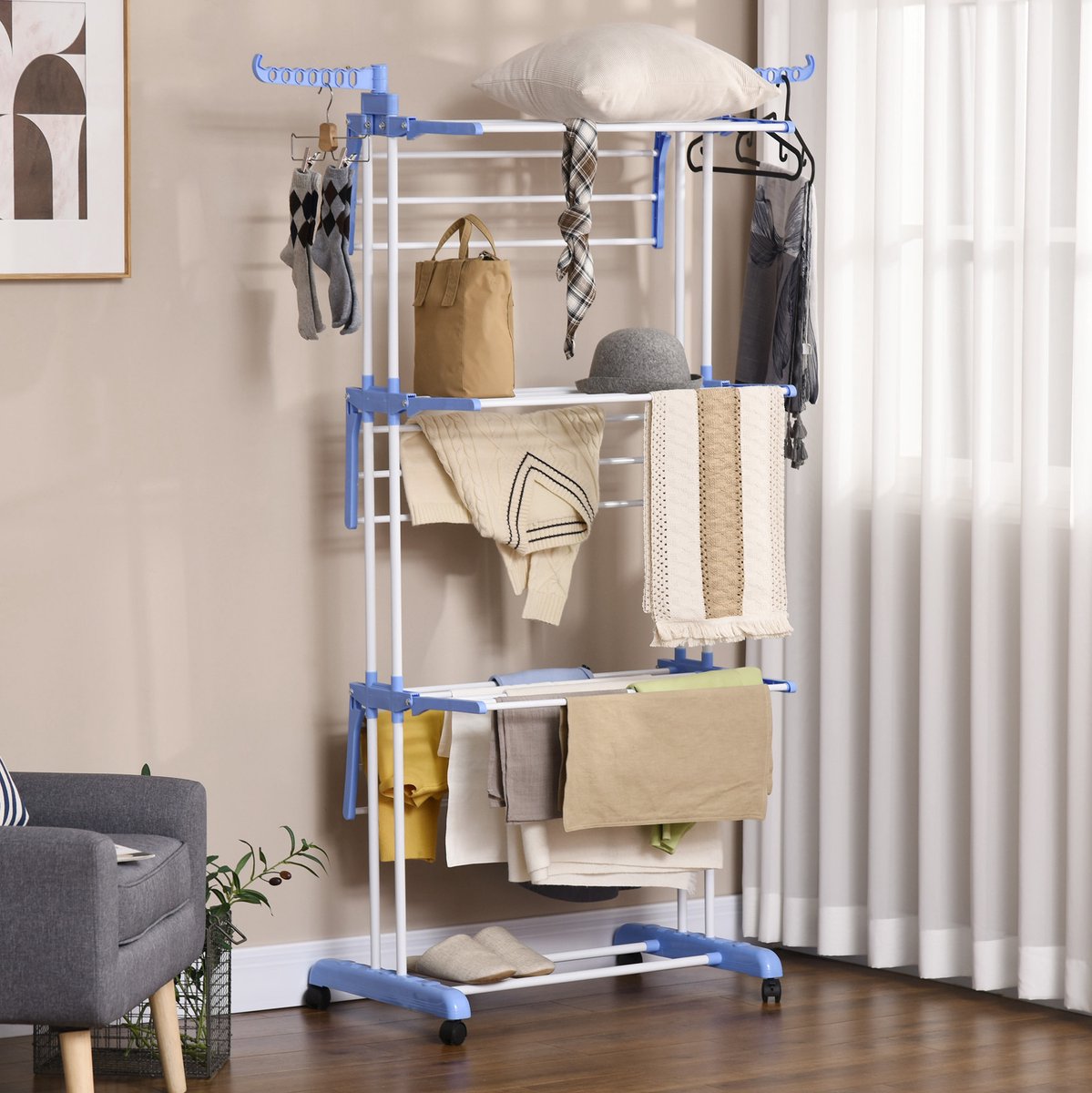 Droogrek Turm 4 Lagen Uitrekbaar Met Wielen Staal Blauw 73 X 64 X 177 Cm Voor Binnen En Buiten Met Opklapbare Vleugels