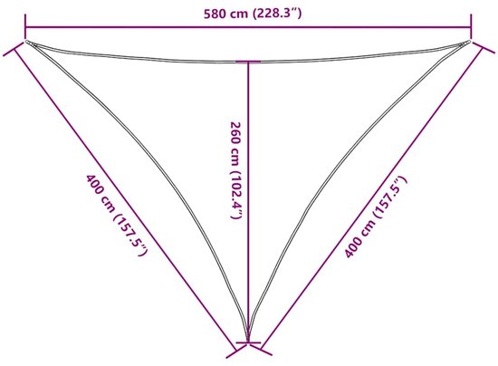 Schematische tekening van een driehoekig schaduwdoek met afmetingen: 580 cm (228,3"), 400 cm (157,5"), 260 cm (102,4").