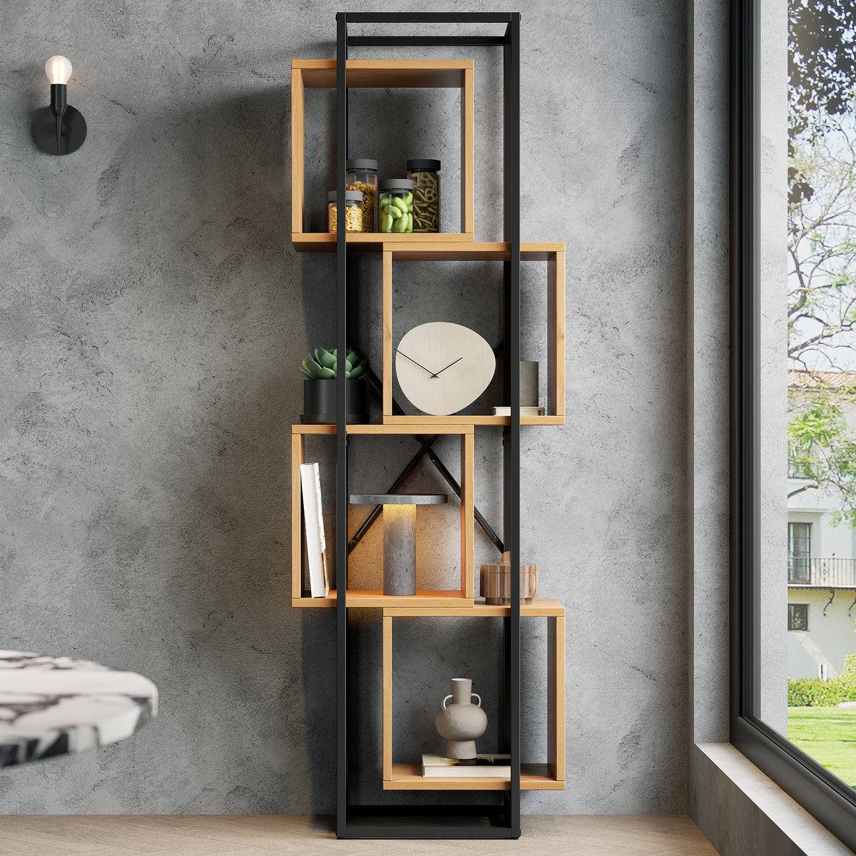 DESMIU Boekenkast – 59 x 30 x 180 cm – Open 4-Vaks Ontwerp – MDF en Metaal – Zwart Bruin – Voor Boeken, Decoratie en Opbergen