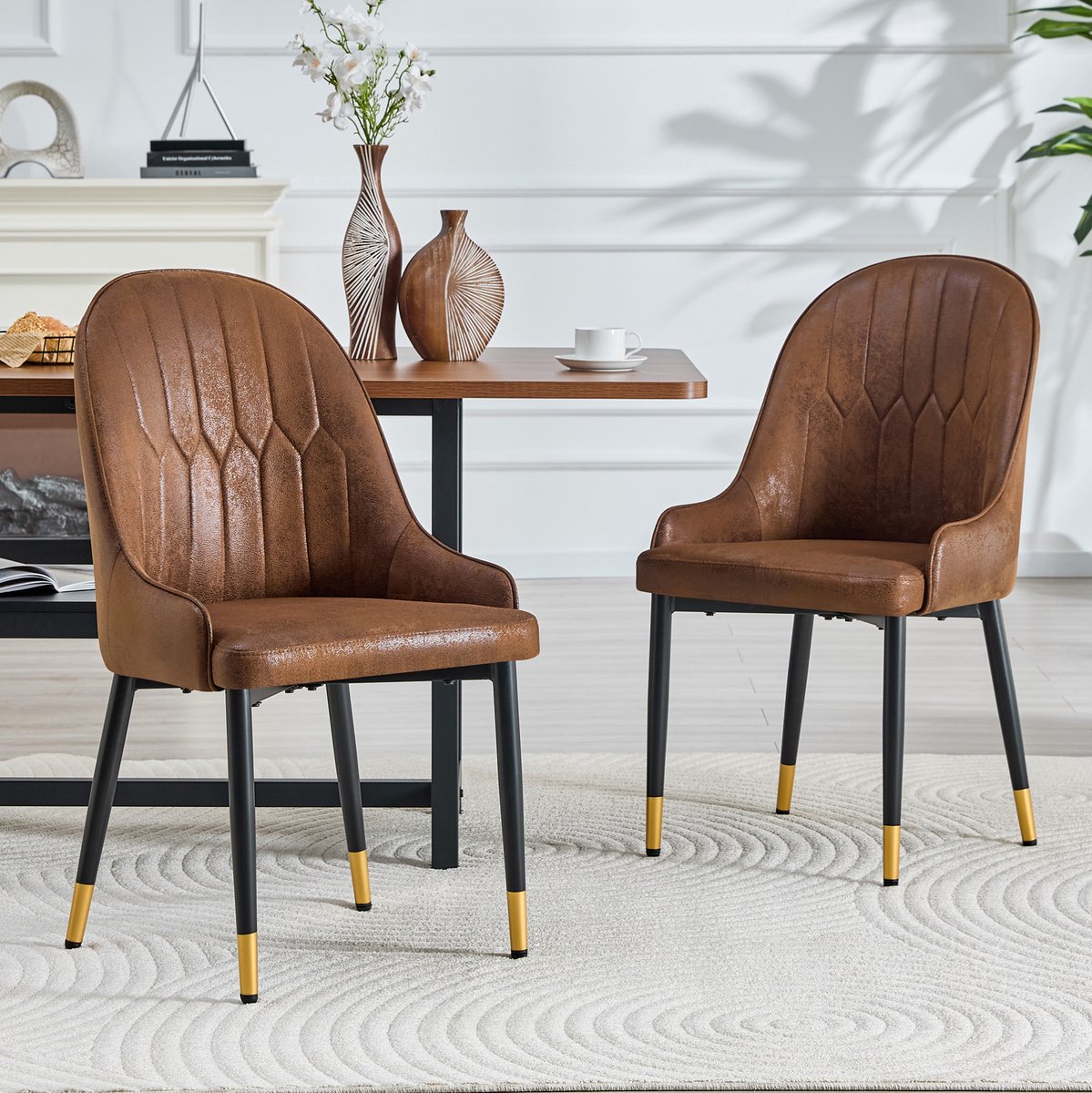 MODENUIT Eetkamerstoel - Set Van 2 Met Armleuningen - Voor Keuken En Café - Stof - Bruin Zwart - 91 Cm