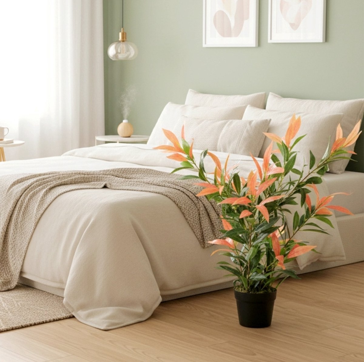 Kunstplant Glansmispel – 90 Cm – 300 Bladeren En Verstelbare Takken – Kunststof – Rood En Groen – In Pot Voor Hal Of Kantoor
